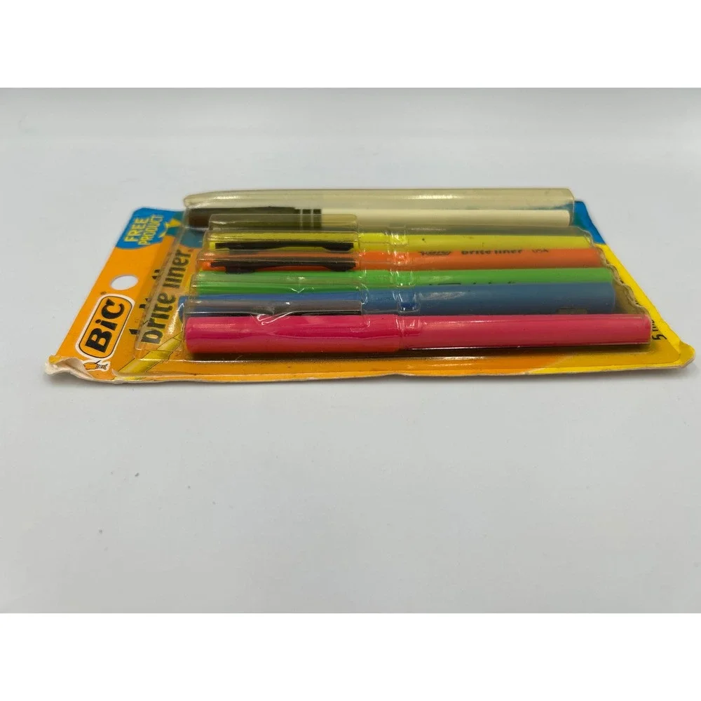 Vintage‎ BIC Brite Liner Highlighters 5 Pack Plus Free Pen New 1991 Made in USA
